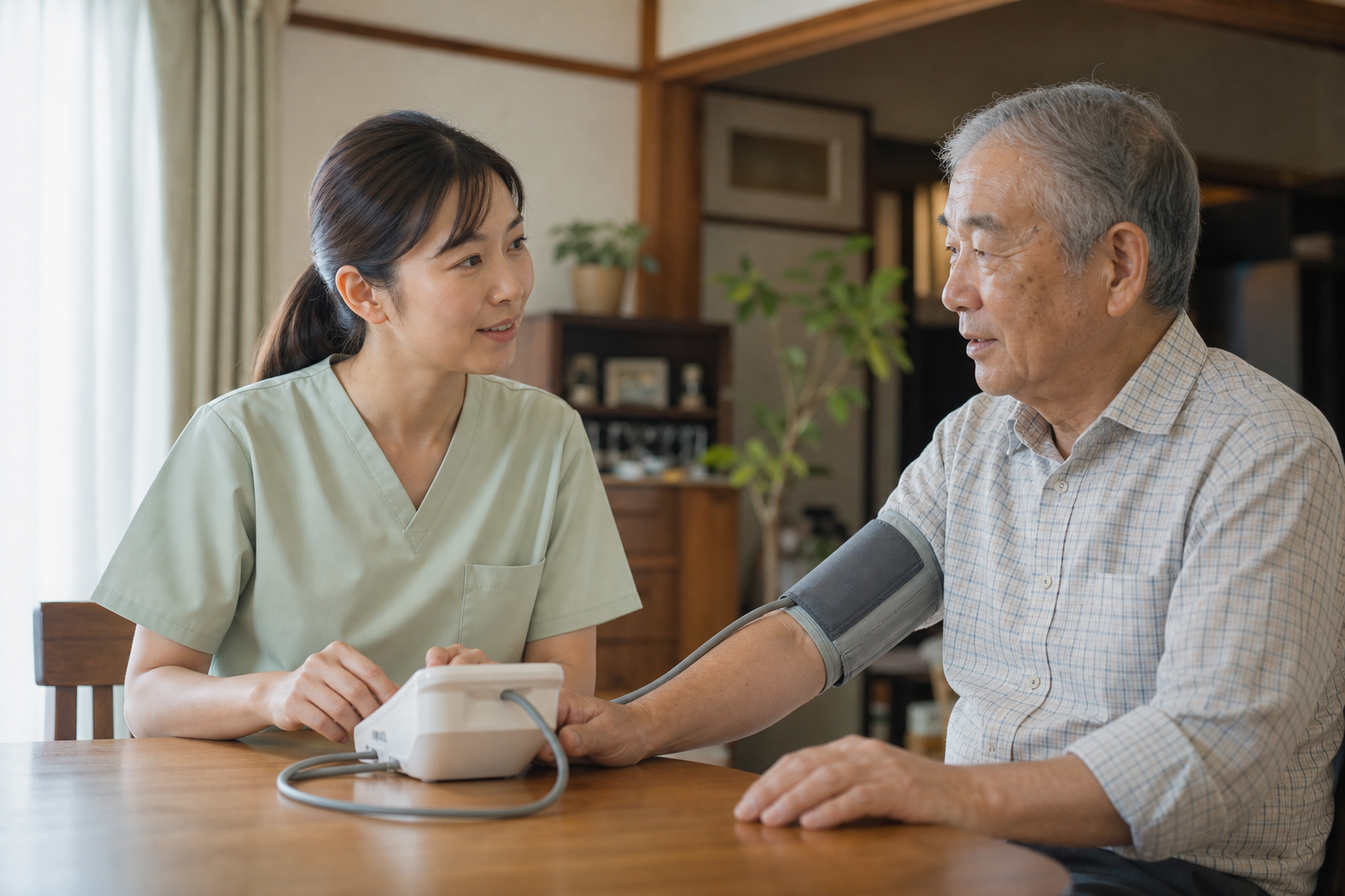 看護師が利用者の血圧を測り体調を確認する様子